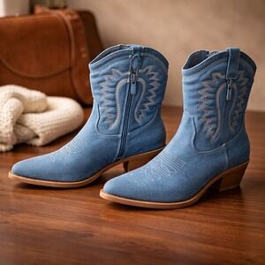 Global Win Womens 8.5 Denim Cowboy Boots Blue Embroidered Ankle Boots 23YY07